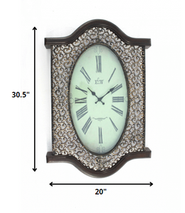 20" Oval Antiqued Bronze Wood and Glass Analog Wall Clock