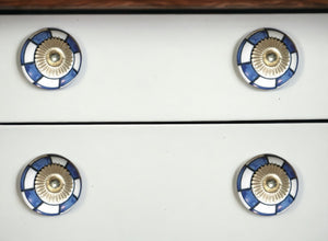 Set of Eight Blue White And Gold Geometric Ceramic Drawer Pull Knobs