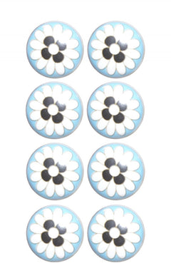 Set of Eight Blue White And Black Floral Ceramic Drawer Pull Knobs