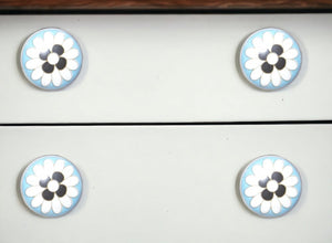 Set of Eight Blue White And Black Floral Ceramic Drawer Pull Knobs