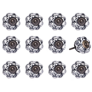 Set of Twelve Black And White Floral Ceramic Drawer Pull Knobs