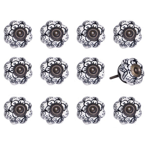 Set of Twelve Black And White Floral Ceramic Drawer Pull Knobs