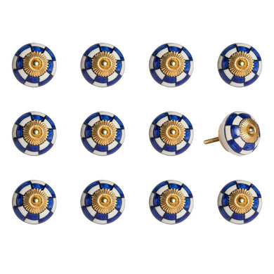 Set of Twelve Blue White And Gold Geometric Ceramic Drawer Pull Knobs