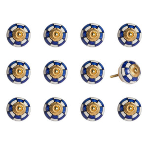 Set of Twelve Blue White And Gold Geometric Ceramic Drawer Pull Knobs