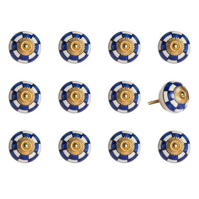 Set of Twelve Blue White And Gold Geometric Ceramic Drawer Pull Knobs