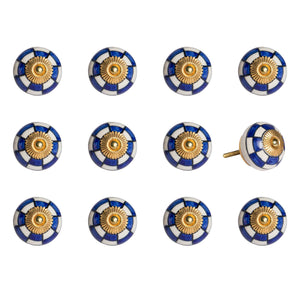 Set of Twelve Blue White And Gold Geometric Ceramic Drawer Pull Knobs
