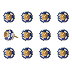 Set of Twelve Blue White And Gold Geometric Ceramic Drawer Pull Knobs
