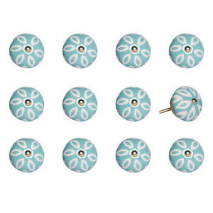Set of Twelve Aqua And White Geometric Ceramic Drawer Pull Knobs