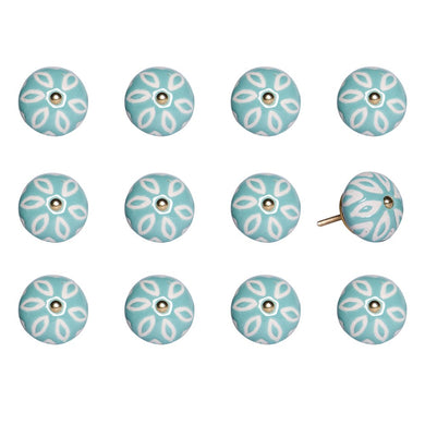 Set of Twelve Aqua And White Geometric Ceramic Drawer Pull Knobs