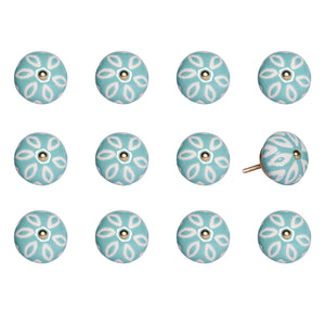 Set of Twelve Aqua And White Geometric Ceramic Drawer Pull Knobs