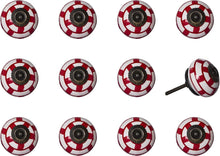 Set of Twelve Red And White Geometric Ceramic Drawer Pull Knobs