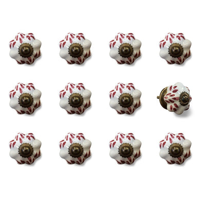 Set of Twelve Burgundy White And Copper Floral Ceramic Drawer Pull Knobs