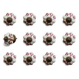 Set of Twelve Burgundy White And Copper Floral Ceramic Drawer Pull Knobs