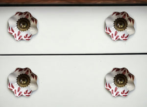 Set of Twelve Burgundy White And Copper Floral Ceramic Drawer Pull Knobs