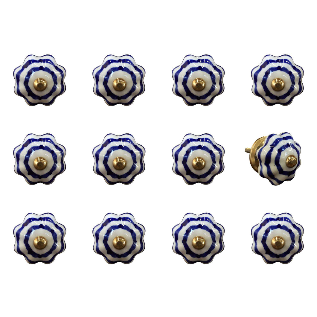 Set of Twelve Blue White And Copper Floral Ceramic Drawer Pull Knobs