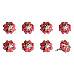 Set of Eight Red Pink And Green Floral Ceramic Drawer Pull Knobs
