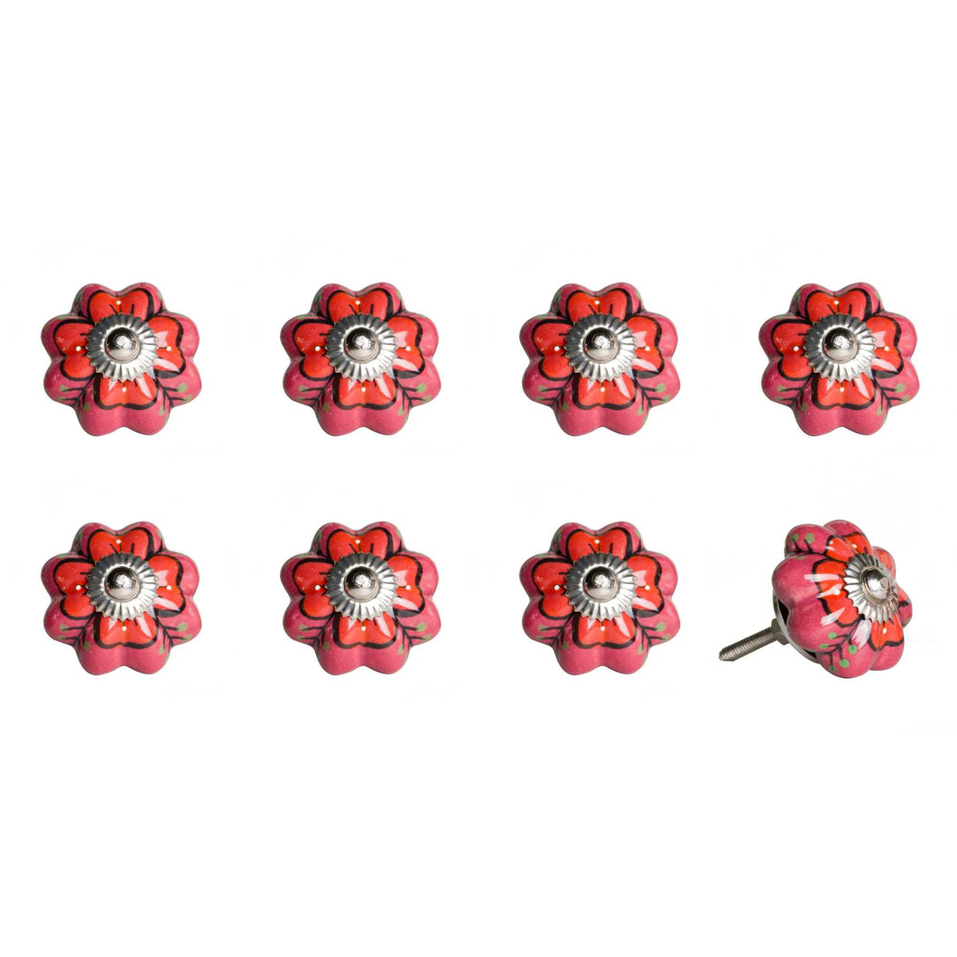 Set of Eight Pink And White Ceramic Drawer Pull Knobs