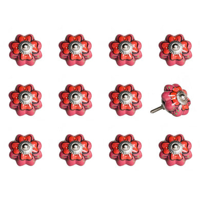 Set of Twelve Red Pink And Green Floral Ceramic Drawer Pull Knobs