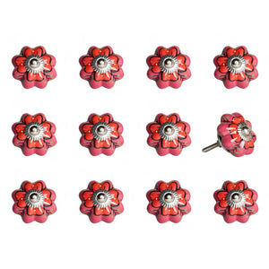 Set of Twelve Red Pink And Green Floral Ceramic Drawer Pull Knobs