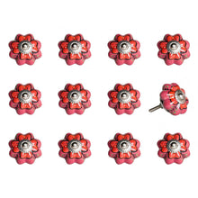 Set of Twelve Red Pink And Green Floral Ceramic Drawer Pull Knobs