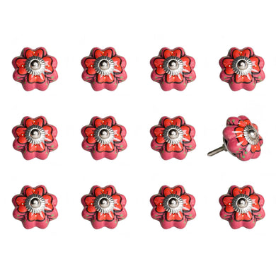 Set of Twelve Red Pink And Green Floral Ceramic Drawer Pull Knobs