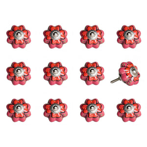 Set of Twelve Red Pink And Green Floral Ceramic Drawer Pull Knobs