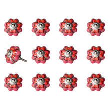 Set of Twelve Red Pink And Green Floral Ceramic Drawer Pull Knobs