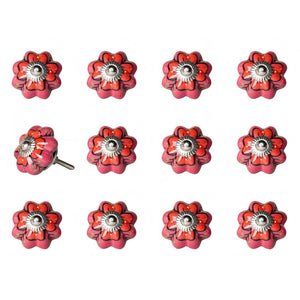 Set of Twelve Red Pink And Green Floral Ceramic Drawer Pull Knobs