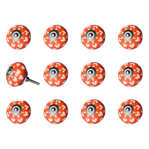 Set of Twelve Orange White And Silver Floral Ceramic Drawer Pull Knobs