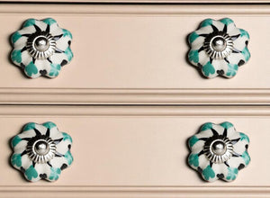 Set of Twelve Green Silver And White Geometric Ceramic Drawer Pull Knobs