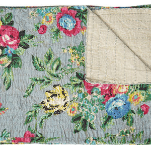 50" X 70" Pink Gray and Blue Kantha Cotton Floral Throw Blanket with Embroidery