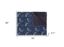 50" X 70" Blue and Gray Kantha Cotton Paisley Throw Blanket with Embroidery