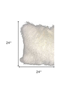 24" Bright White Genuine Tibetan Lamb Fur Pillow With Microsuede Backing
