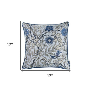 17" Beige And Blue Floral Fabric Throw Pillow Cover
