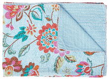 50" X 70" Blue and Brown Kantha Cotton Floral Throw Blanket with Embroidery