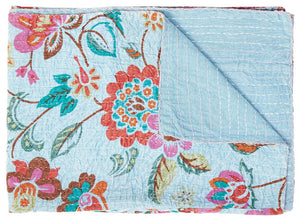 50" X 70" Blue and Brown Kantha Cotton Floral Throw Blanket with Embroidery