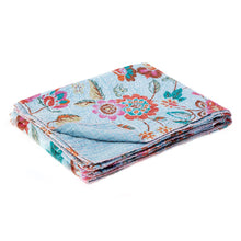 50" X 70" Blue and Brown Kantha Cotton Floral Throw Blanket with Embroidery