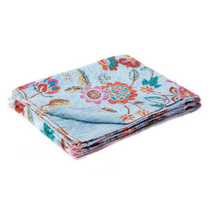 50" X 70" Blue and Brown Kantha Cotton Floral Throw Blanket with Embroidery