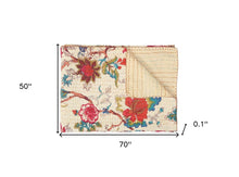 50" X 70" Yellow and Red Kantha Cotton Floral Throw Blanket with Embroidery
