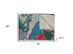 50" X 70" Yellow and Red Kantha Cotton Floral Throw Blanket with Embroidery