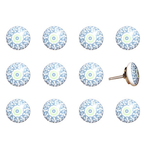 Set of Twelve White And Light Blue Metal And Ceramic Drawer Pull Knobs
