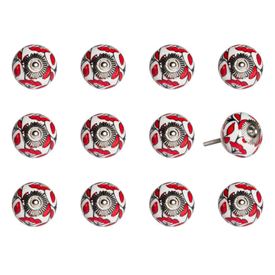 Set of Twelve Red And White Ceramic Drawer Pull Knobs