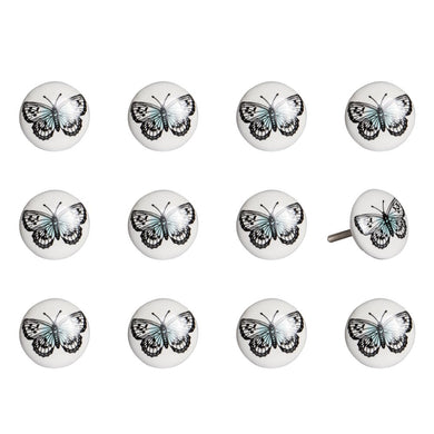 Set of Twelve Black And White Botanical Ceramic Drawer Pull Knobs