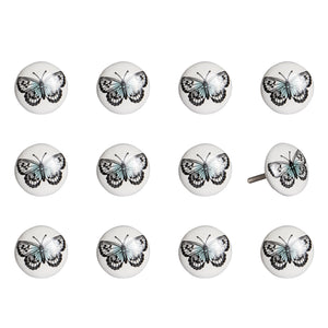 Set of Twelve Black And White Botanical Ceramic Drawer Pull Knobs
