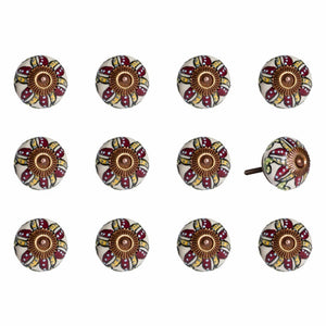 Set of Twelve Red And Yellow Botanical Ceramic Drawer Pull Knobs