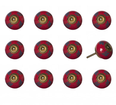 Set of Twelve Blue And Red Floral Ceramic Drawer Pull Knobs