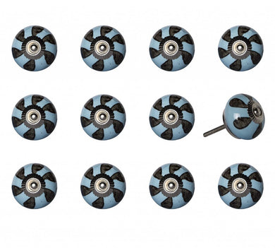 Set of Twelve Blue And Black Geometric Ceramic Drawer Pull Knobs