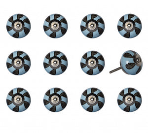 Set of Twelve Blue And Black Geometric Ceramic Drawer Pull Knobs