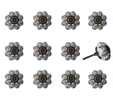 Set of Twelve Black And White Floral Ceramic Drawer Pull Knobs