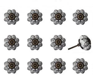 Set of Twelve Black And White Floral Ceramic Drawer Pull Knobs